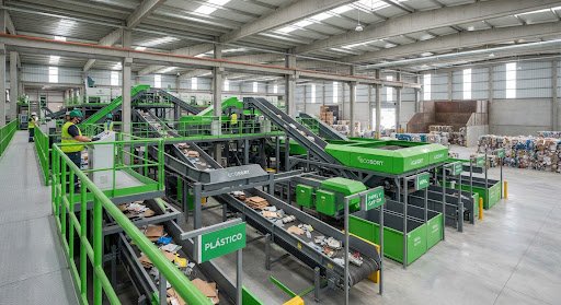 Planta de clasificación de residuos industriales con maquinaria de separación en una nave iluminada